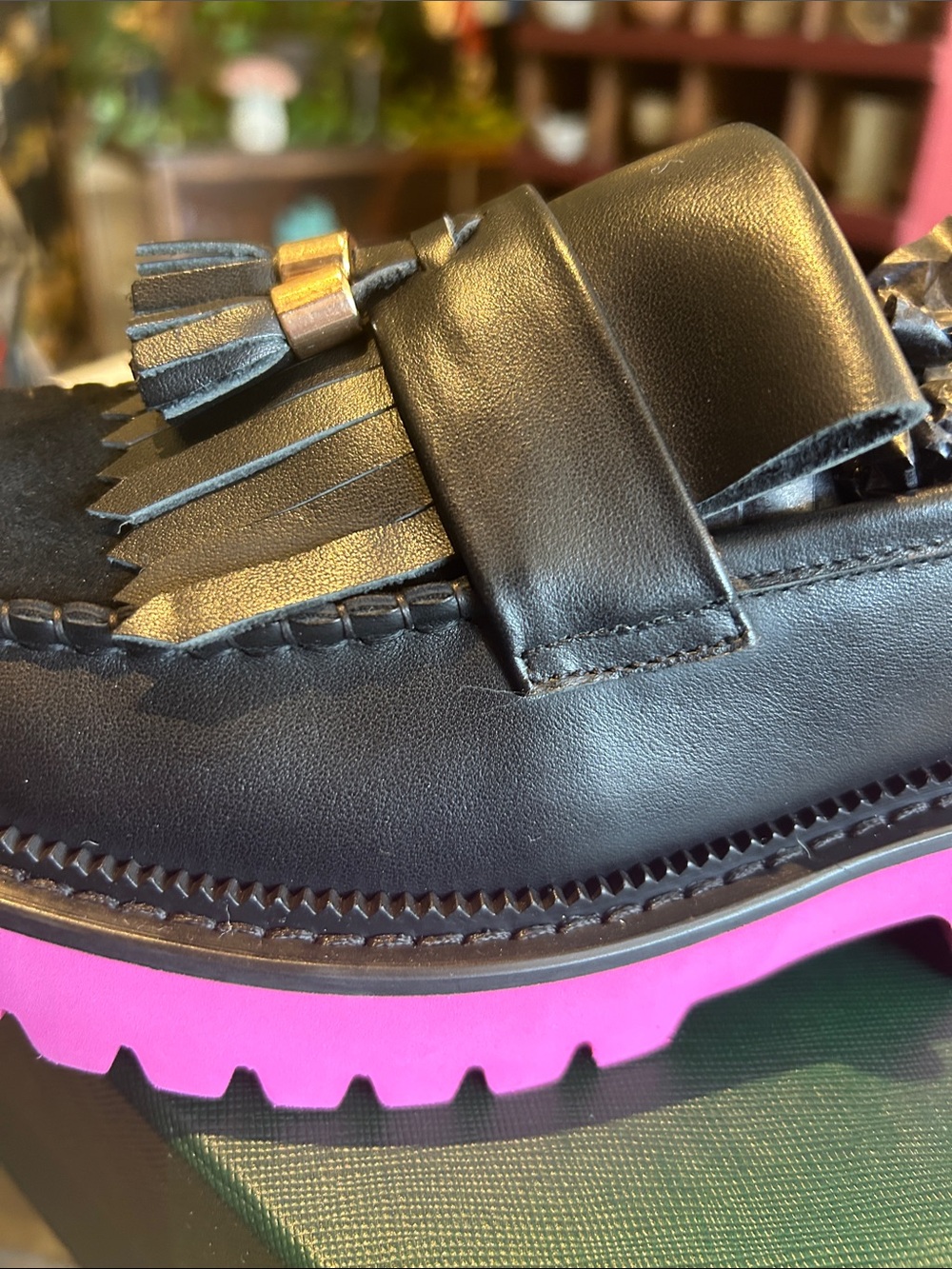 Black Leather Kiltie Loafer with Hot Pink Lug Sole - Picture 3 of 10